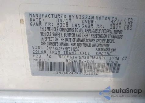 2017 Nissan Sentra Sr из США, поврежденный, VIN 3N1AB7APXHY311250